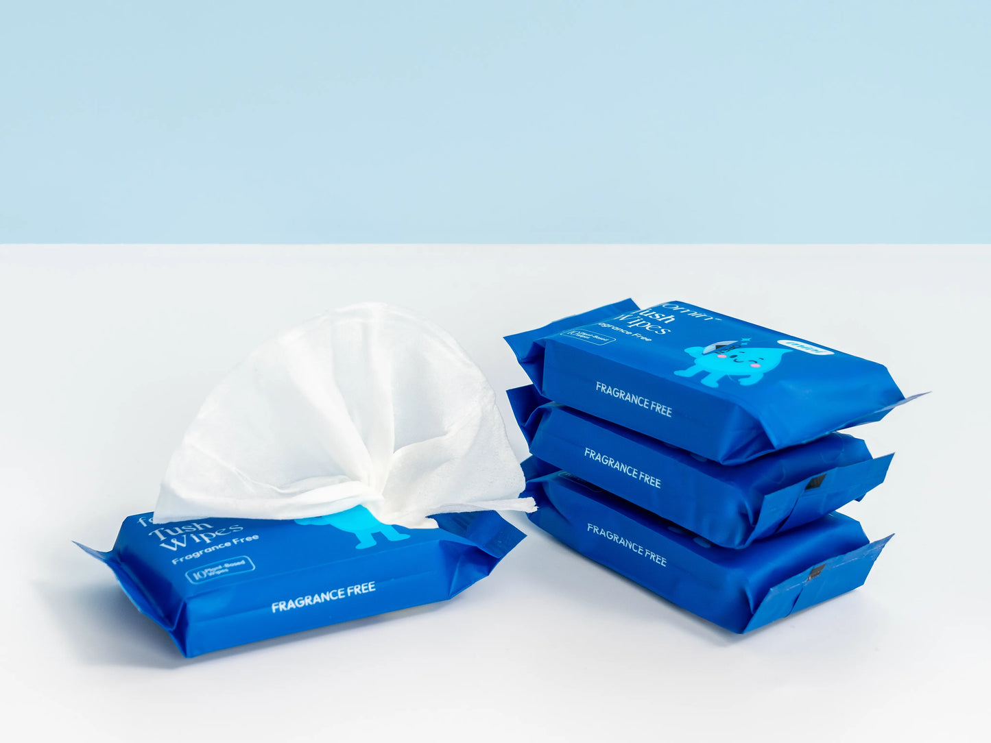 Pack of fragrance-free wipes on a light blue background