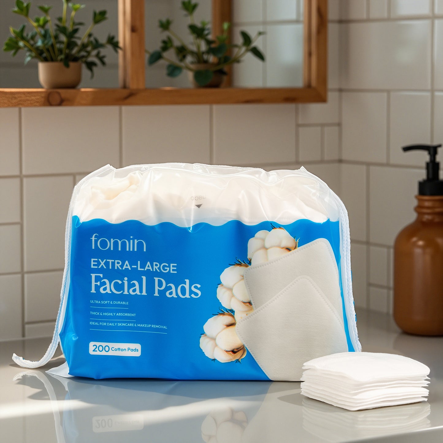 Bag of fomin Extra-Large Facial Pads on a bathroom counter with a small stack of pads beside it.