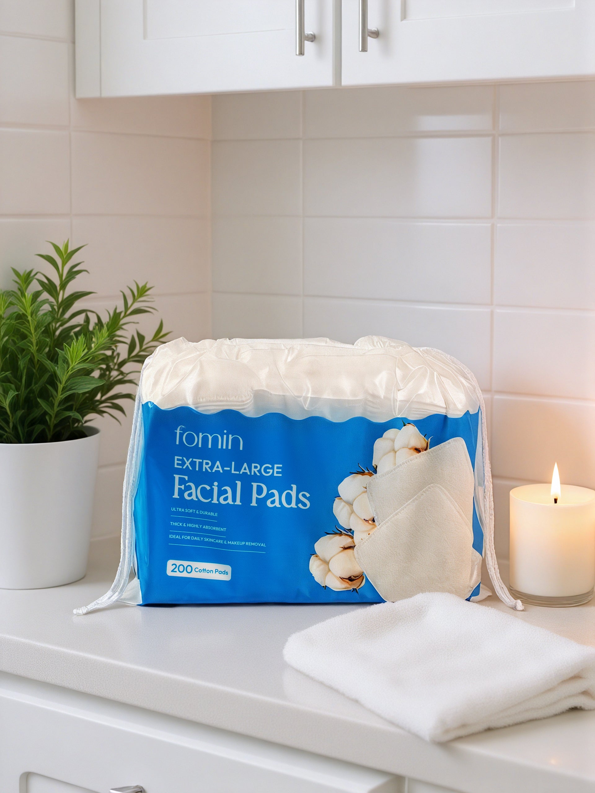 Pack of fomin Extra-Large Facial Pads on a bathroom counter with a candle and plant in the background.